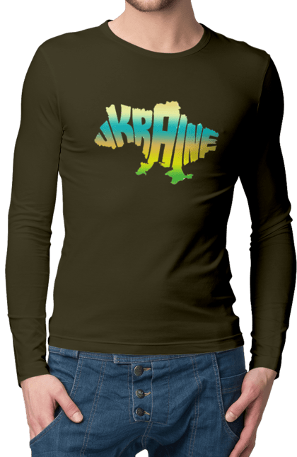 Men`s longsleeve with prints Ukraine silhouette colored. I love ukraine, map of ukraine, silhouette of ukraine, symbol of ukraine, ukraine, ukrainian symbols. 2070702