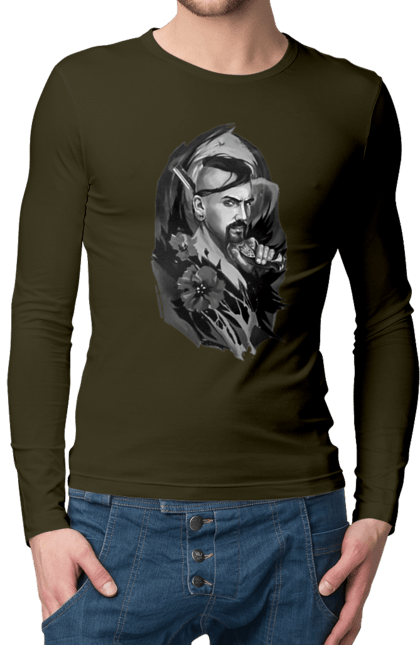 Чоловічий лонгслів з принтом "Козак". Вуса, квітки, козак, пістолет, справжній українець, чуб. 2070702
