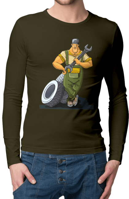 Чоловічий лонгслів з принтом "Автомайстер". Гайковий ключ, колеса, професія. 2070702