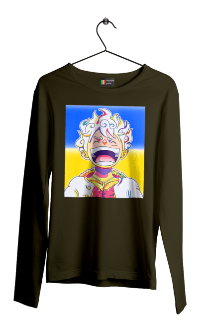 Чоловічий лонгслів з принтом "Монкі д Луффі сміється на жовто блактному фоні". Ван піс, луффі, монкі д. луффі, прапор україни, символ україни, україна. 2070702