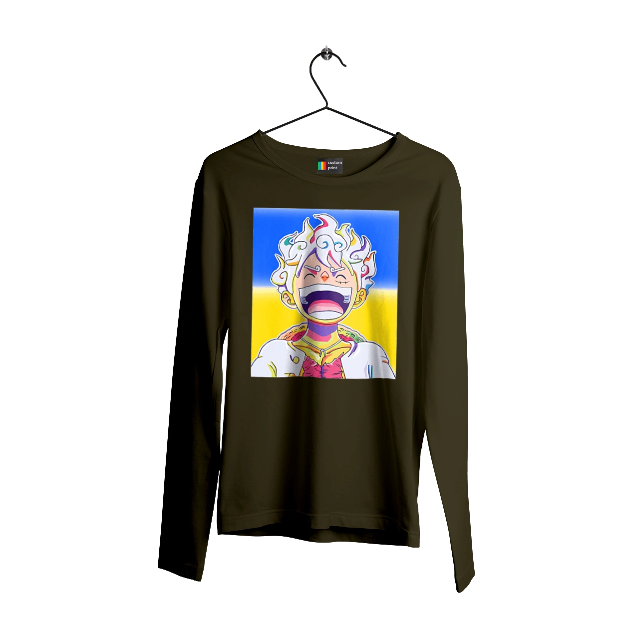 Monkey D Luffy laughing on a yellow blue background