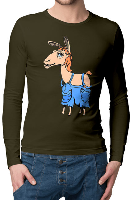 Мужской лонгслив с принтом Лама В Комбинезоне. Комбинезон, лама. 2070702