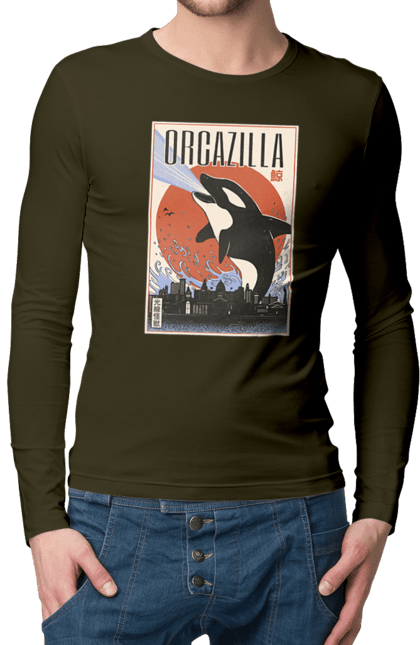 Чоловічій лонгслів з принтом "Косатказілла". Japan print, japanese, japanese art, japanese poster, japanese poster orca, ocean wildlife, orca, orcazilla, косатка, косатказілла. 2070702