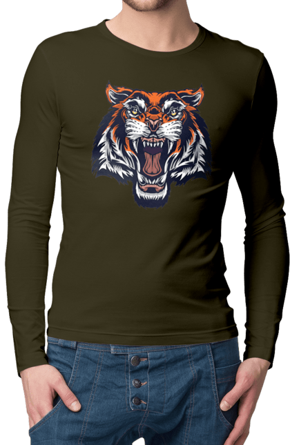 Чоловічій лонгслів з принтом "Сердитий оранжевий тигр". Голова тигра, джунглі, злий тигр, сердитий тигр, тигр. CustomPrint.market