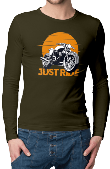 Men`s longsleeve with prints Motorcycle, Just Go. Motorbike, riding, road. 2070702