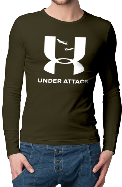 Чоловічий лонгслів з принтом "Under Attack white". Андер армор, бренди, гумор, приколи, прикольні, ундер армор. 2070702
