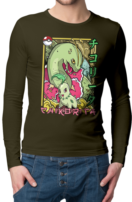 Men's longsleeve with prints Pokemon Chikorita. Anime, chikorita, games, nintendo, pokemon, pokemon go. 2070702