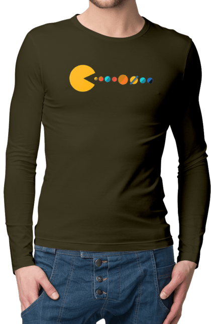 Чоловічий лонгслів з принтом "Pac Man Planets". Atari, namco, pac man, аркадна відеогра, відеогра, комп`ютерна гра, космос, лабіринт, планети, сонячна система. 2070702