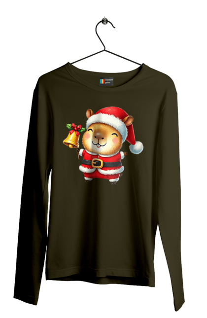 Men's longsleeve with prints Funny capybara with a bell. Animal, bell, capybara, christmas, christmas capybara, gift, holiday, new year, new year`s gift, santa. 2070702