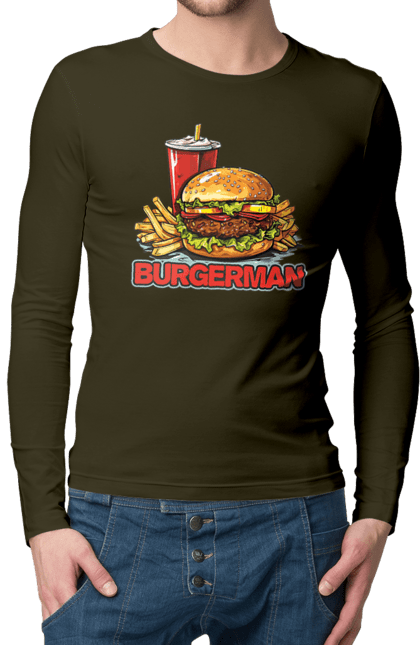Чоловічий лонгслів з принтом "Burgerman". Бургер, для чоловіків, їжа, літні, макдональдс, прикольні, трендові, фаст фуд, чоловічі. 2070702