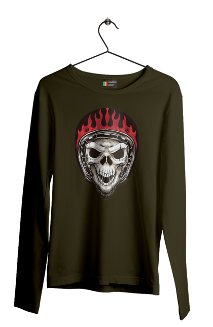 Men`s longsleeve with prints Skull in a motorcycle helmet. Helmet, moto, skeleton, skull. 2070702