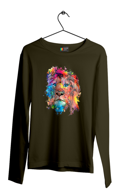 Чоловічий лонгслів з принтом "Лев із фарби". Барвистий лев, індійський лев, лев, лев та холі, розмальовка, святковий лев, фарби, холи. 2070702