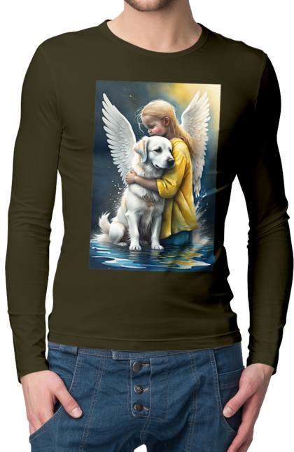Чоловічий лонгслів з принтом "Дівчинка та собака ангел [память загиблим тваринам]". Дівчинка та собака, крим, нова каховка, память загиблим тваринам, собака ангел, україна, херсон. 2070702