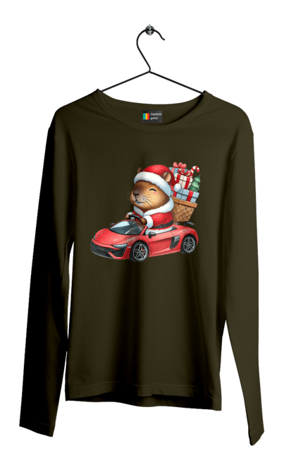 Men's longsleeve with prints Christmas Capybara with a Gift. Animal, capybara, car, christmas, christmas capybara, gift, holiday, new year, new year`s gift, santa. 2070702