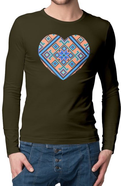 Men`s longsleeve with prints Heart embroidery. Cross stitch, embroidered shirt, embroidery, heart, i love ukraine, symbols of ukraine, traditions of ukraine, ukraine. 2070702