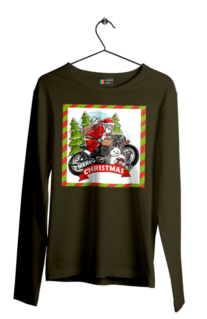 Men`s longsleeve with prints Santa on a motorcycle. Christmas, motorcycle, new year, presents, santa, snowman, tree. 2070702