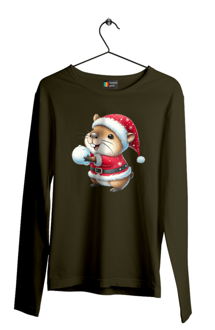 Men's longsleeve with prints Capybara playing snowballs. Animal, capybara, christmas, christmas capybara, game, gift, holiday, new year, santa, snowballs. 2070702