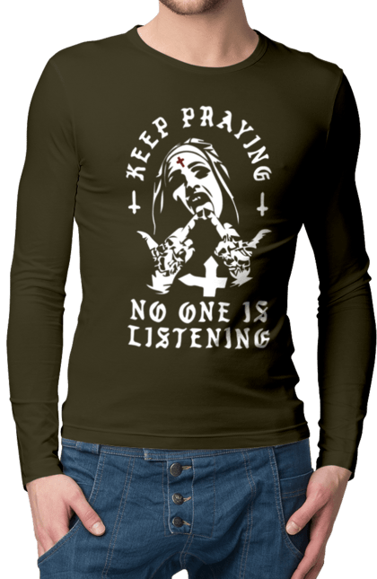 Чоловічий лонгслів з принтом "Монашка фак". Крута, метал, модна, молодіжна, ніхто не слухає, продовжуй молитися, рок, стильна, фак, черниця. 2070702