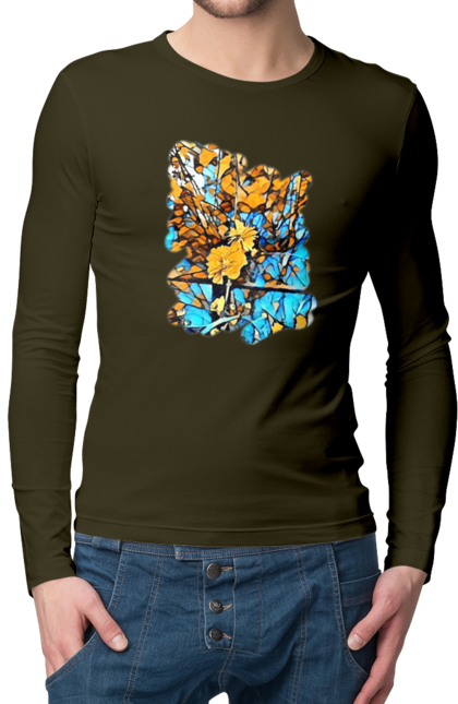 Чоловічий лонгслів з принтом "Жовті квіти на синьому фоні". Арт, жовтий та синій, жовті квіти, жовто-синій, квіти, малюнок, природа, синій та жовтий, синьо-жовтий. 2070702