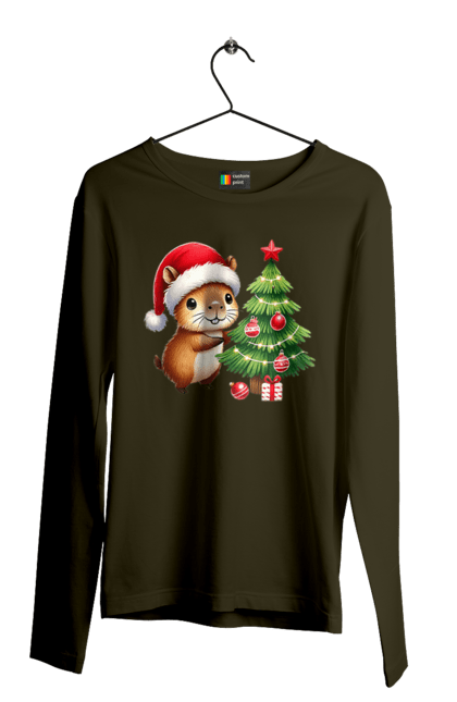 Men's longsleeve with prints Christmas Capybara with a Tree. Animal, capybara, christmas, christmas capybara, christmas tree, gift, holiday, new year, new year`s gift, santa. 2070702