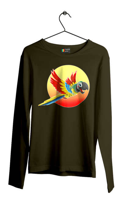 Men`s longsleeve with prints Parrot On The Sun. Bird, circle, color, disk, feathers, flies, flight, happy, heat, hot, in flight, macaw, multicolored, orange, parrot, recreation, red, summer, sun, sunny, tropics, vacation, warmly, wings, yellow. 2070702