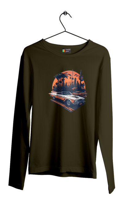 Чоловічий лонгслів з принтом "Гарне авто на закаті". Авто, закат, захід сонця, солнце, сонце. 2070702
