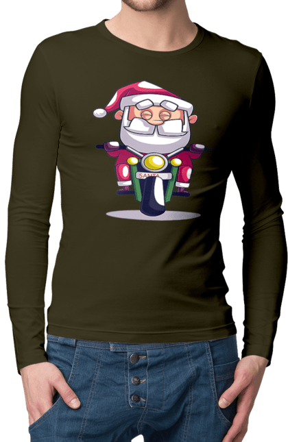 Чоловічий лонгслів з принтом "Щасливий Санта на мотоциклі". 2022, дід мороз, зима, мотоцикл, новий рік, різдво, санта, сніг. 2070702