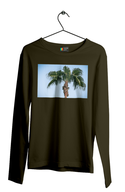 Чоловічий лонгслів з принтом "Пальма на тлі неба". Берег, блакитне, відпочинок, відпустку, єгипет, зелений, зелені, лист, листя, море, небо, оазис, океан, острів, пальма, південь, подорож, пригоди, тропіки, туреччина. 2070702