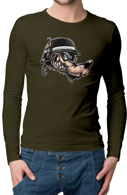 Мужской лонгслив с принтом Волк Байкер. Байк, байкер, волк, волчара, зубы, каска, мото, мотор, мотоцикл, мотоциклист, мульт, мультик, мультфильм, мультяшный, ну погоди, соревнование, спорт, стиль, стильный, увлечение, улыбка, ухмылка, хобби, шлем. 2070702