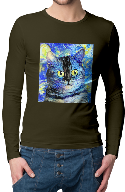 Чоловічій лонгслів з принтом "Кіт ван Гога". Абстракція, гумор, жарт, кіт, мем, смішне, тварини. PrintMarket - інтернет-магазин одягу та аксесуарів з принтами плюс конструктор принтів - створи свій унікальний дизайн