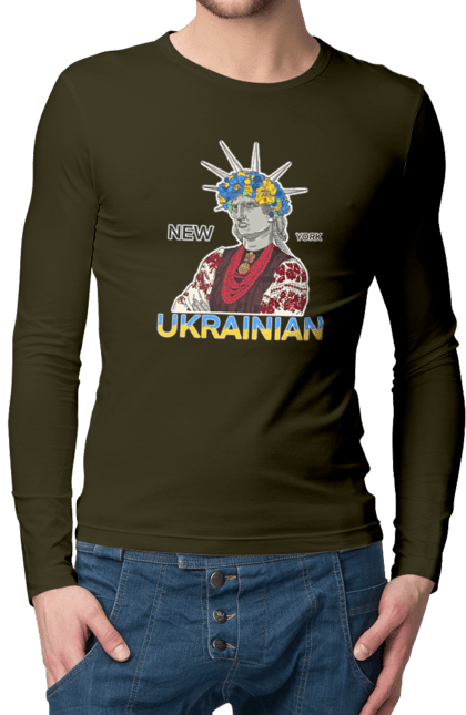 Чоловічий лонгслів з принтом "UA & NY". Вишиванка, вінок, нью йорк, статуя свободи, україна. 2070702