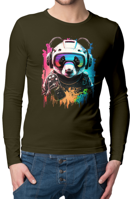 Чоловічий лонгслів з принтом "Панда в VR шолом". Віртуальна реальність, гік, панда, персонаж, шолом. 2070702