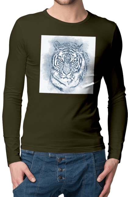 Чоловічій лонгслів з принтом "Тигр". Велика кішка, великий кіт, дика природа, дикий, звір, зуби, погляд, портрет, природа, стилізація, тварина, тигр, хижак. CustomPrint.market