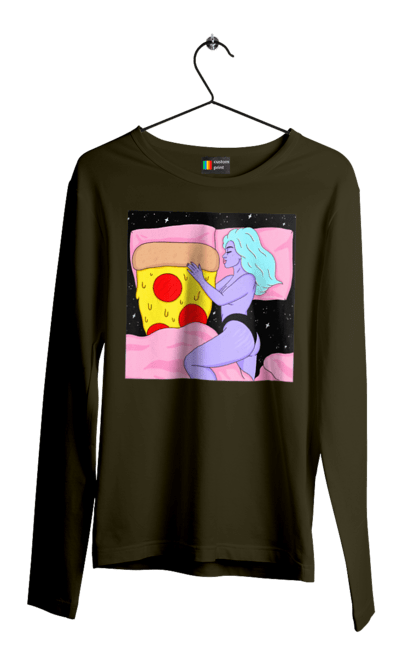 Мужской лонгслив с принтом Фиолетовая Девушка И Пицца. Девушка, пицца, постель. 2070702