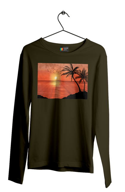 Мужской лонгслив с принтом Закат Пальмы Море. Берег, закат, море, пальмы. 2070702