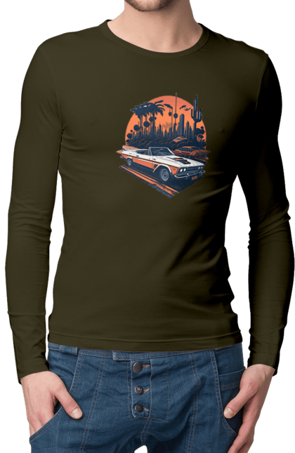 Чоловічий лонгслів з принтом "Гарне авто на закаті". Авто, закат, захід сонця, солнце, сонце. 2070702