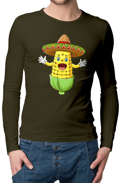 Men`s longsleeve with prints Sombrero Corn. Corn, food, sombrero. 2070702