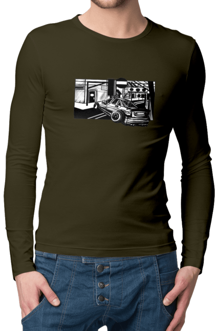 Men`s longsleeve with prints Dangerous Car on the roads of the streets. Black and white, car, dangerous, fast, machine, race. 2070702