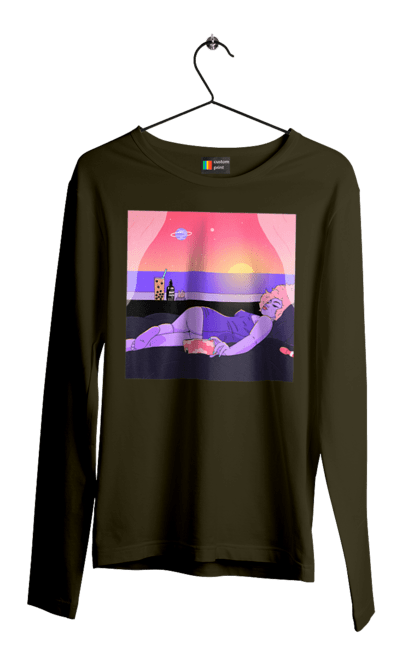 Чоловічий лонгслів з принтом "Фіолетова Дівчина На Відпочинку". Дівчина, захід, телефон. 2070702