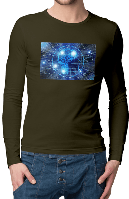 Чоловічий лонгслів з принтом "Штучний інтелект". Айті, айтішник, гік, знання, інженер, інтелект, кібер, кібернетика, кіборг, код, комп, комп`ютерник, кристал, машинне навчання, мікросхема, мозок, портрет, програміст, професіонал, професія, розробник, розум, хакер, чіп, штучний інтелект, штучний розум. 2070702