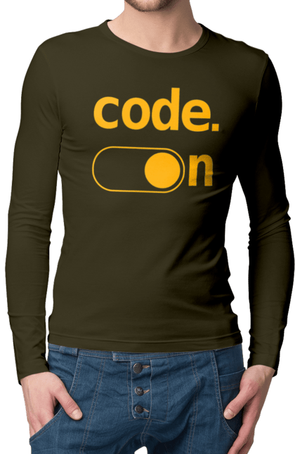 Чоловічий лонгслів з принтом "Код увімкнено". Айті, айтішник, для айтішника, для програміста, код увімкнено, подарунок айтішнику, подарунок програмісту, програміст, розробник. 2070702