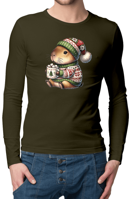 Men's longsleeve with prints Capybara with hot chocolate. Animal, capybara, christmas, christmas capybara, gift, holiday, hot chocolate, new year, santa. 2070702