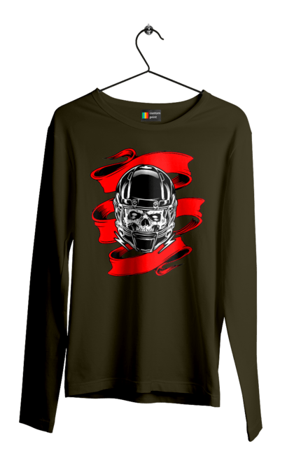Men`s longsleeve with prints Skull in a motorcycle helmet. Helmet, moto, skull, tape. 2070702