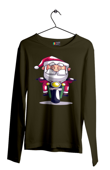 Чоловічий лонгслів з принтом "Щасливий Санта на мотоциклі". 2022, дід мороз, зима, мотоцикл, новий рік, різдво, санта, сніг. 2070702