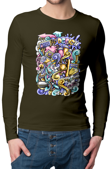 Мужской лонгслив с принтом Школа обучения. Калькулятор, канцелярия, карандаш, обучение, ручка, тетрадь, школа. 2070702