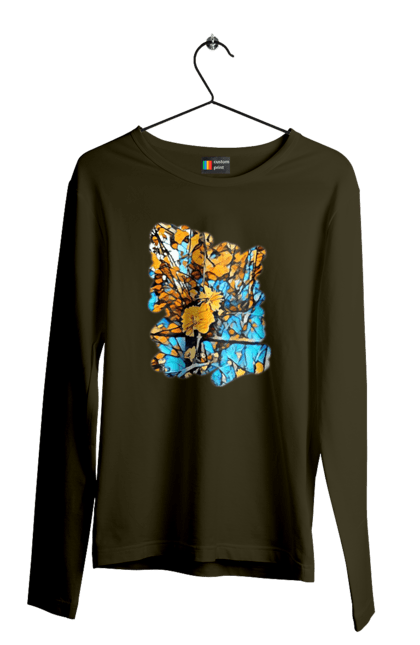 Чоловічий лонгслів з принтом "Жовті квіти на синьому фоні". Арт, жовтий та синій, жовті квіти, жовто-синій, квіти, малюнок, природа, синій та жовтий, синьо-жовтий. 2070702