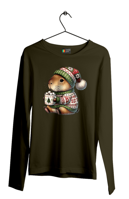 Men's longsleeve with prints Capybara with hot chocolate. Animal, capybara, christmas, christmas capybara, gift, holiday, hot chocolate, new year, santa. 2070702