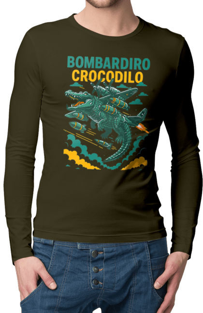 Чоловічий лонгслів з принтом "Bombardino Crocodilo". Bombardino, bombardino crocodilo, crocodilo, бомбардіно крокоділо, крокодил, крокодил літак, крокодил мем, мем, мем бомбардине крокодило. 2070702