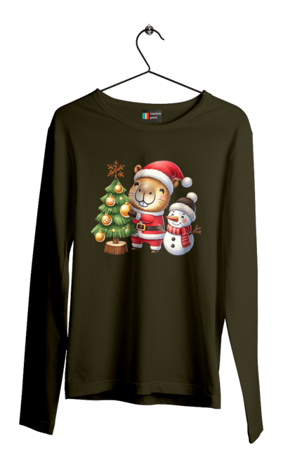 Men's longsleeve with prints Christmas Capybara with a Tree. Animal, capybara, christmas, christmas capybara, christmas tree, gift, holiday, new year, new year`s gift, santa. 2070702