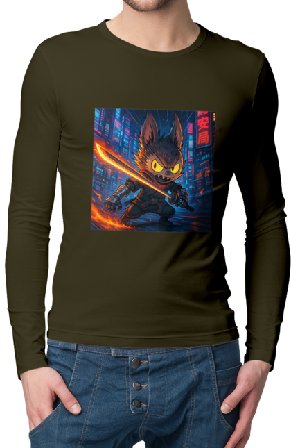 Чоловічий лонгслів з принтом "Лабубу". Аніместиль, дія, катана, кіберніндзя, кіберпанк, лабубу, меч, неонове місто, очі` що світяться. 2070702